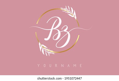 BZ b z Letters logo design with golden circle and white leaves on branches around. Vector Illustration with B and Z letters for personal branding, business, eco friendly or natural products. 