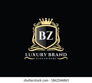 BZ Initial Letter Gold calligraphic feminine floral hand drawn heraldic monogram antique vintage style luxury logo design.