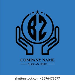 BZ initials held within hands, symbolizing trust and protection. The circle represents unity, while stars highlight excellence and ambition.