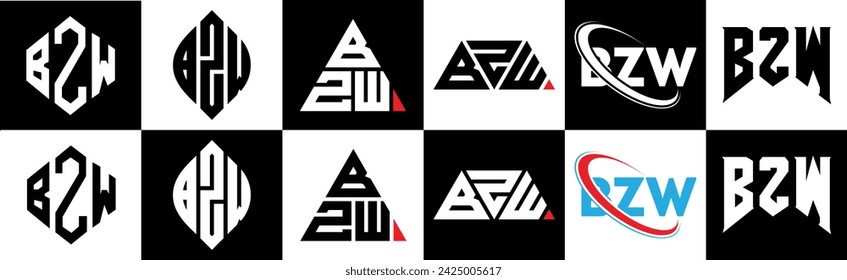 BZW letter logo design in six style. BZW polygon, circle, triangle, hexagon, flat and simple style with black and white color variation letter logo set in one artboard. BZW minimalist and classic logo