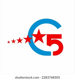 C 5 letras de diseño de logotipo vectorial con 5 estrellas.