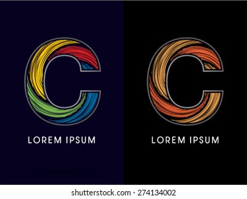 C ,Abstract , font, concept Spin,designed using colors and gold silver bronze grunge brush,sign ,logo, symbol, icon, graphic, vector.