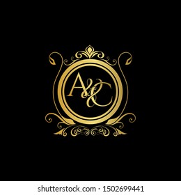 A & C AC logo initial Luxury ornament emblem. Initial luxury art vector mark logo, gold color on black background.