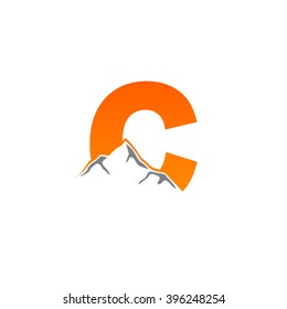 C alphabet mountain negative space letter logo orange