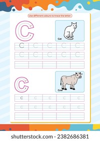 C alphabet tracing practice worksheet. Educational coloring book page with outline vector illustration for preschool