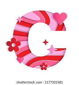 C Alphabet Valentines Day Love Abstract Character Font Letter Paper Lively Flower Heart Sparkle Shine Red Pink Mountain Geography Contour Map 3D Layer Paper Cutout Card Web Banner Vector Illustration
