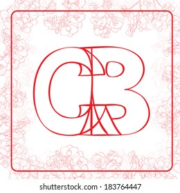 C and B letters monogram in an orchids frame, hand drawn illustration on white