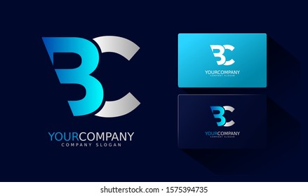 C B Logo and business card. BC Letter modern Design Vector with blue and silver gradient color.