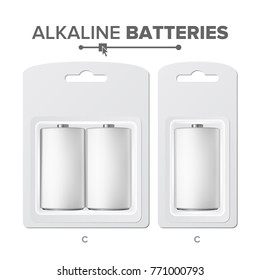 C Batteries Packed Vector. Alkaline Battery In Blister. Realistic Glossy Battery Accumulator. Mock Up Good For Branding Design. Closeup Isolated Illustration