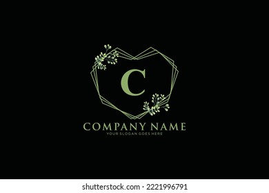 C Beauty vector initial logo, floral letters with flowers leaves and splatters isolated on white and black background. Vector illustration for wedding, greeting cards, invitations template design
