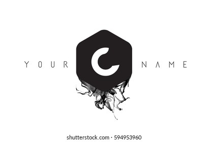 C Black Ink Letter Logo Design with Rounded Hexagon Vector. 