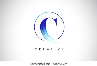 C Brush Stroke Letter Logo Design. Blue Paint Logo Leters Icon with Elegant Circle Vector Design.