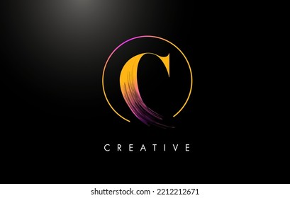 C Brush Stroke Letter Logo Design. Orange Purple Paint Logo Leters Icon with Elegant Circle Vector Design.