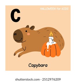 C for capybara. ABC for kids education. Cute capybara with a pumpkin candle for halloween. Cartoon vector illustration.