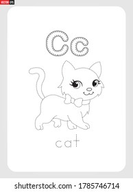 C for Cat Alphabet  with illustration for Tracing Worksheet, Exercises for kids 