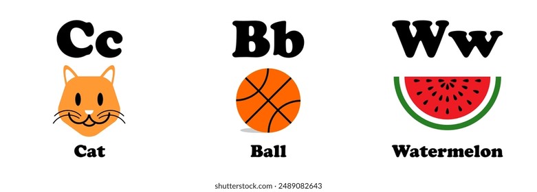 C c Cat B b Ball W w Watermelon Letter Alphabet Flashcard Card Continuous Pattern Transparent Background Vector EPS PNG Clip Art