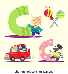 C cat candy car cartoon vector