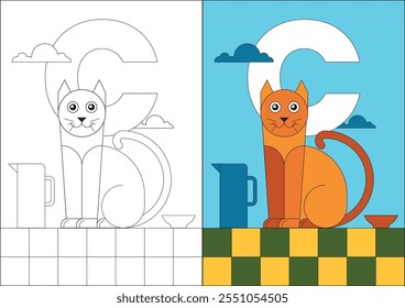 C para gato, una ilustración educativa para niños, dividida en dos secciones. El lado izquierdo es un dibujo de línea en blanco y negro, mientras que el lado derecho es la versión completamente coloreada.