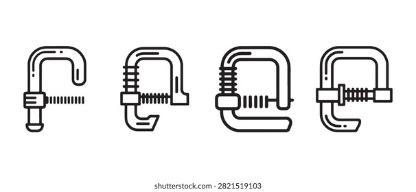 C Clamp Icons Set. Woodworking and Industrial Tool Collection.