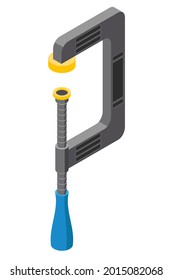 C clamp - isometric vector illustration isolated on white. Flat color design.