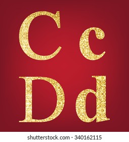 C D  alphabet set  made up of gold spangles on the red background