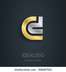 C and D initial, silver and gold logo. Metallic 3d icon or logotype template. Vector design element.