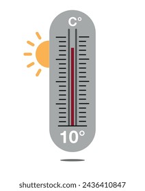 10° C. Design thermometer weather forecast. Warm temperature concept with sun