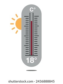 18 ° C. Pronóstico del tiempo del termómetro de diseño. Concepto de temperatura cálida con sol