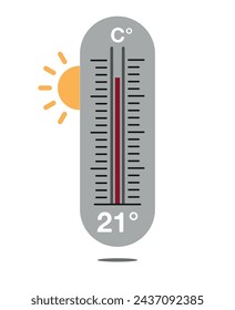 21 ° C. Pronóstico del tiempo del termómetro de diseño. Concepto de temperatura cálida con sol