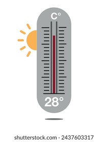 28° C. Design thermometer weather forecast. Warm temperature concept with sun