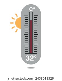 32° C. Design thermometer weather forecast. Warm temperature concept with sun