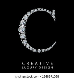 C diamond letter vector illustration. White gem symbol logo for your luxury business, casino, jewelry or web site. Upper letter with many sparkling diamonds isolated on black background.