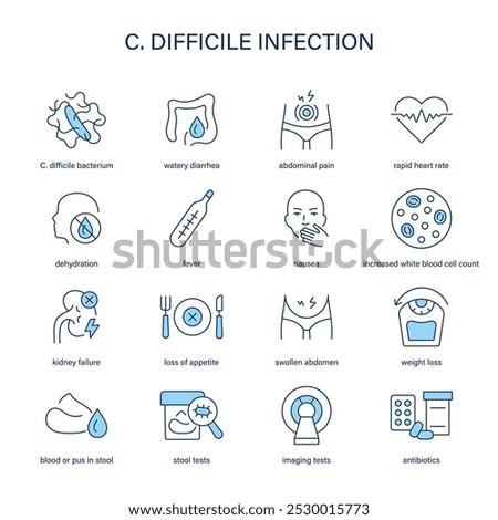C. Difficile Infection symptoms, diagnostic and treatment vector icon set. Medical icons.
