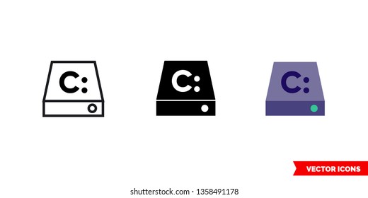 C drive icon of 3 types: color, black and white, outline. Isolated vector sign symbol.
