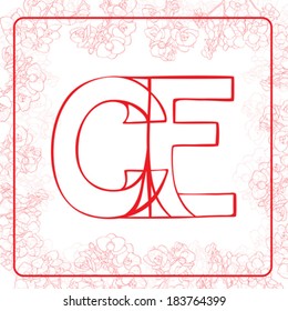 C and E letters monogram in an orchids frame, hand drawn illustration on white