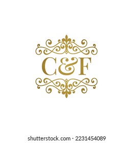 C F initials logo ornament gold. Letter CF wedding ampersand or business partner symbol.