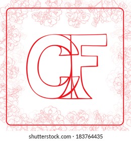 C and F letters monogram in an orchids frame, hand drawn illustration on white