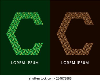 C , font, concept leaf and rock, designed using colors green and brown colors tone geometric shape on dark background, sign ,logo, symbol, icon, graphic, vector.
