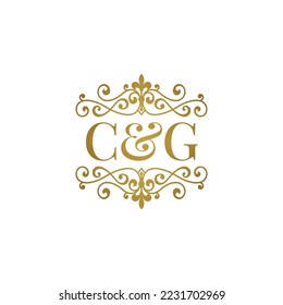 C g initials logo ornament gold. Letter CG wedding ampersand or business partner symbol.