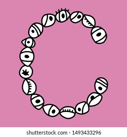 C hand drawn vector letter with eye symbols in different forms in cartoon style on pink background