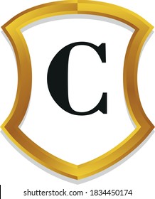 C Initial alphabet 3d metallic golden shield frame logo template