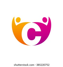 C initial alphabet letter logo with teamwork swoosh man, orange purple