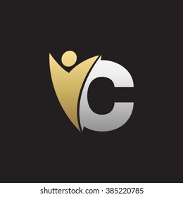 C initial alphabet letter logo with swoosh man, silver gold black background