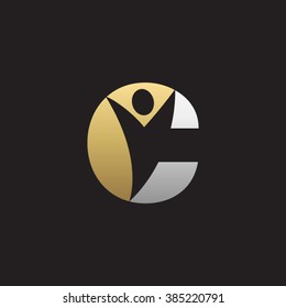 C initial alphabet letter logo with negative space swoosh man, silver gold black background