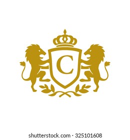 C initial business, clean luxury crest logo with lions