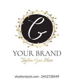 C Initial Letter Black and Gold Floral Hand Drawn Brand Logo