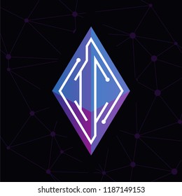 I C Initial letter block chain logo icon vector template. Looping mono line circuit letter on rhombus cube logo