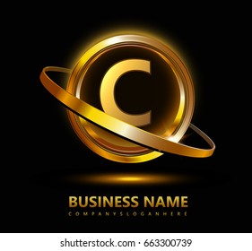 c initial letter logo inside circle shape with swoosh, inside o rounded uppercase logo shiny gold 