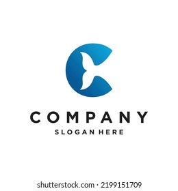 C initial whale tail creative unique logo design icon vector illustration