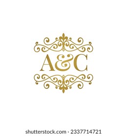 A and C initials logo ornament gold. Letter AC wedding ampersand or business partner symbol.	